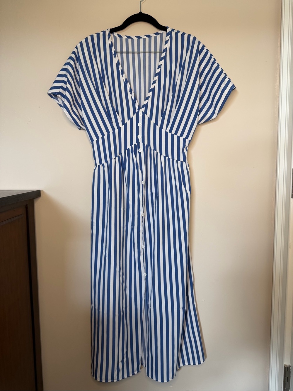 Blue and White Striped Button-Front Midi Dress